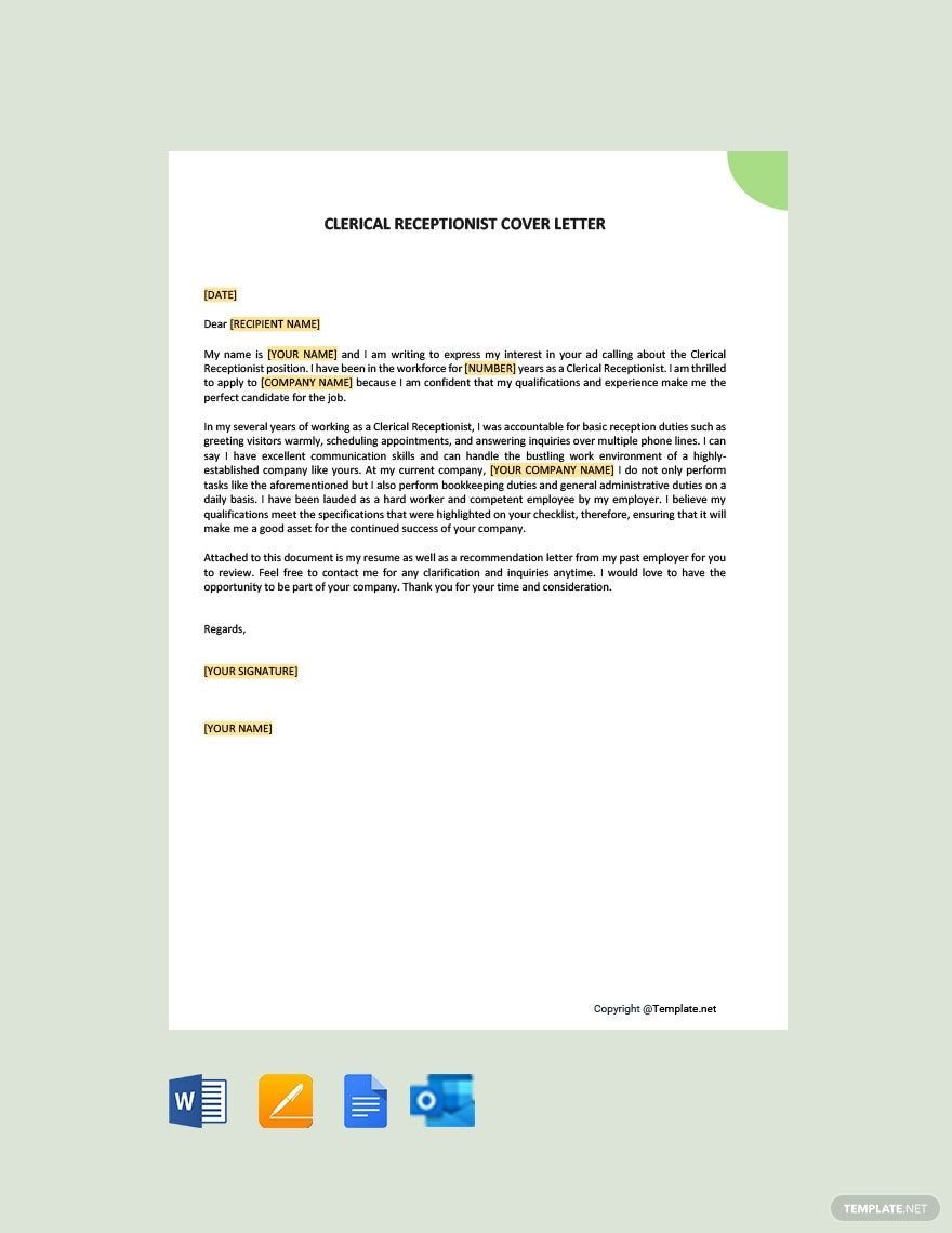 Clerical Receptionist Cover Letter Template