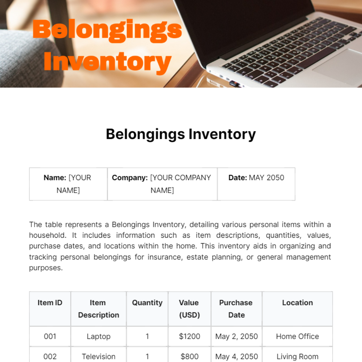 Belongings Inventory Template