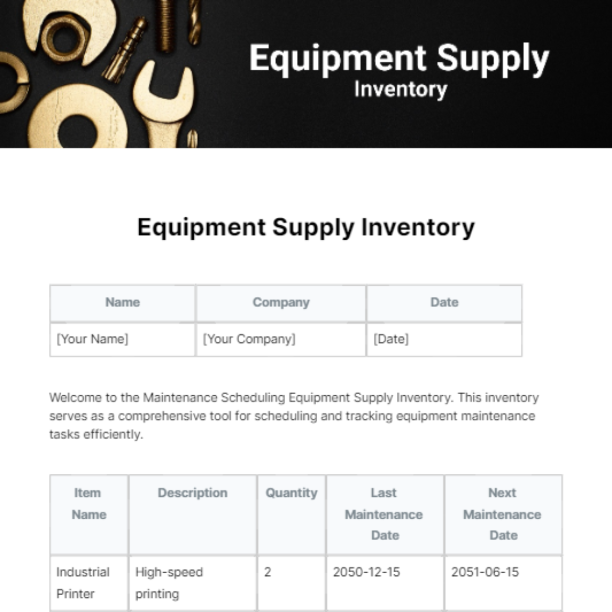 Free Equipment Supply Inventory Template