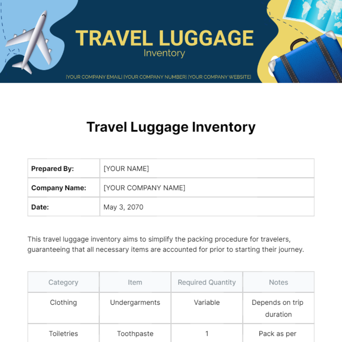Free Travel Luggage Inventory Template