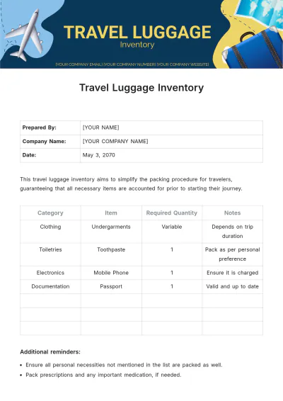 Free Travel Luggage Inventory Template to Edit Online