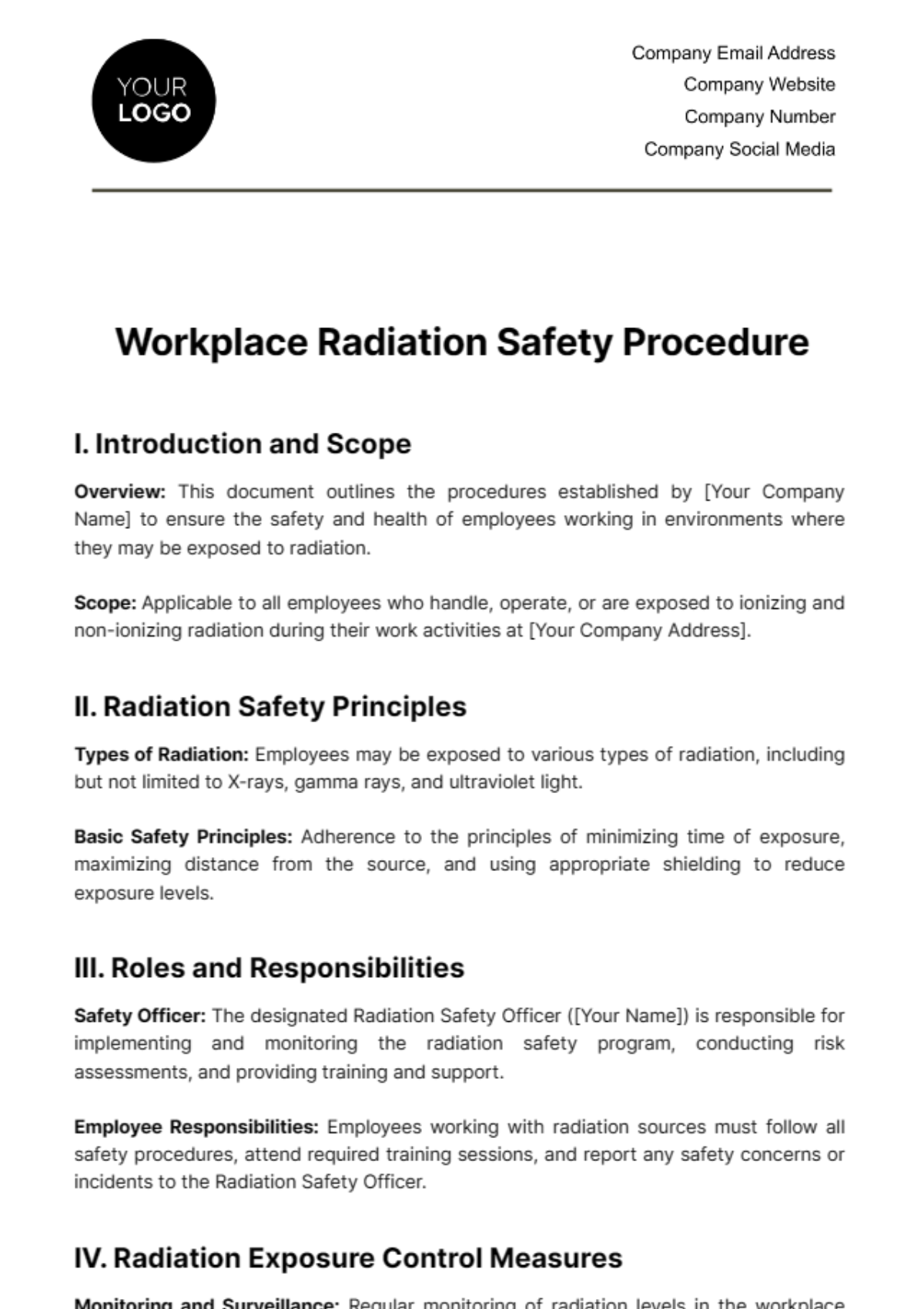 Workplace Radiation Safety Procedure Template - Edit Online & Download