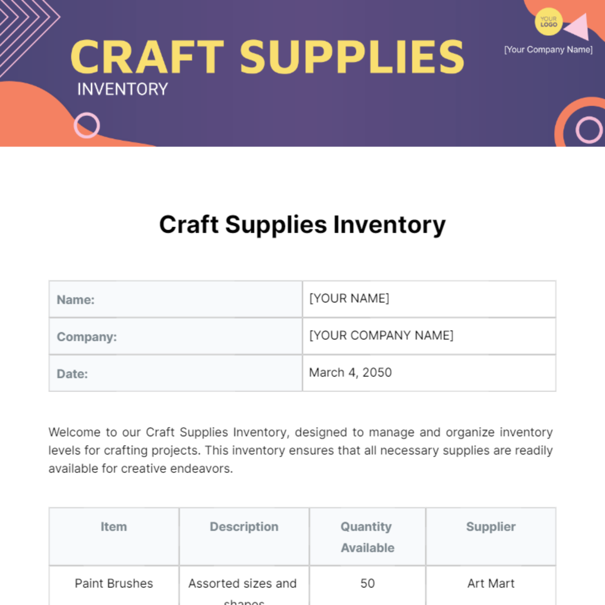 Free Craft Supplies Inventory Template
