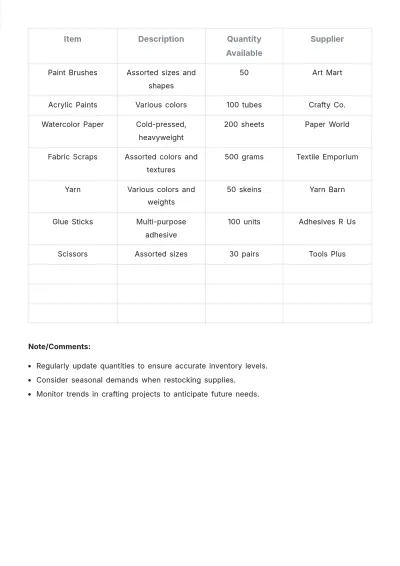 Free Craft Supplies Inventory Template to Edit Online