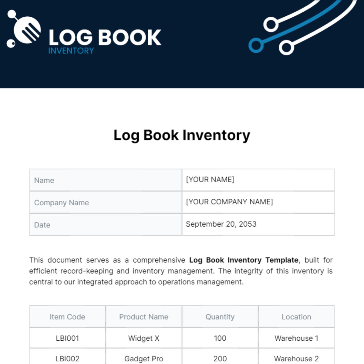 Log Book Inventory Template