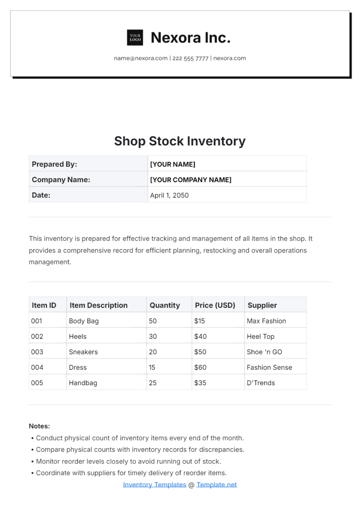 Shop Stock Inventory Format Template