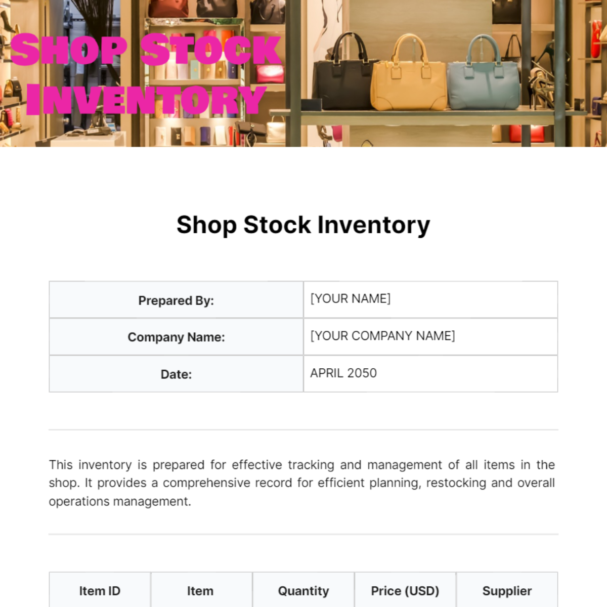 Free Shop Stock Inventory Template