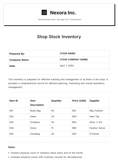 Free Shop Stock Inventory Format Template to Edit Online