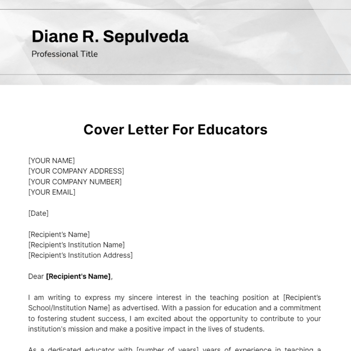 Cover Letter For Educators Template