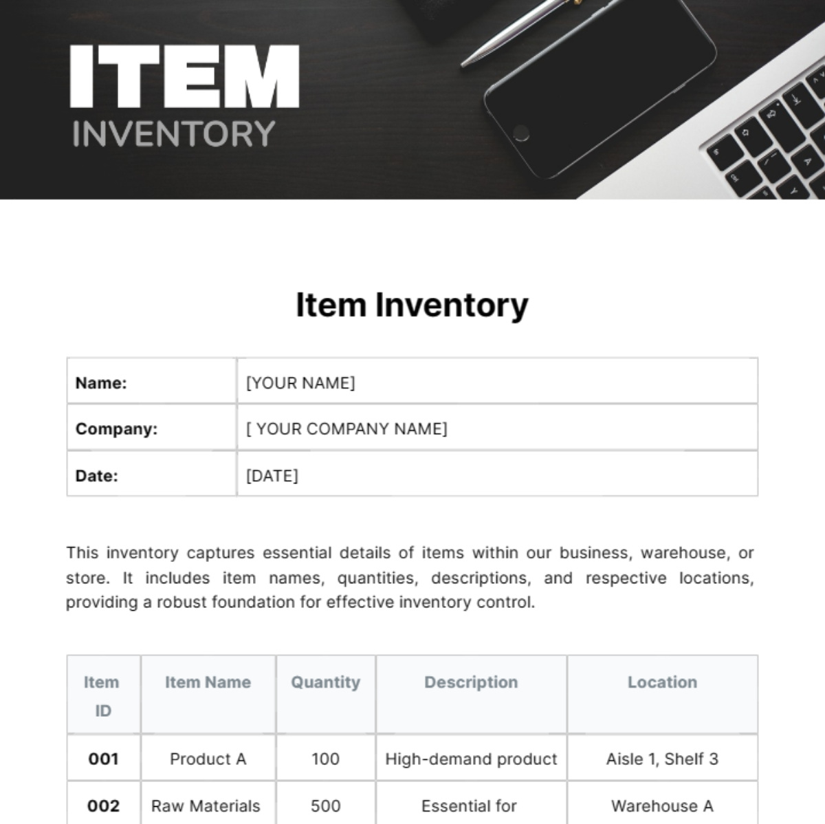 Free Item Inventory Template