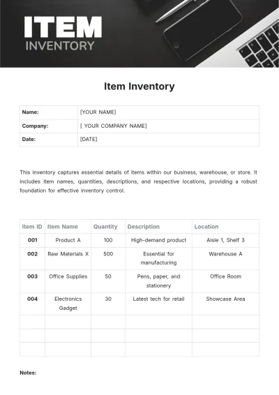 Free Item Inventory Template to Edit Online