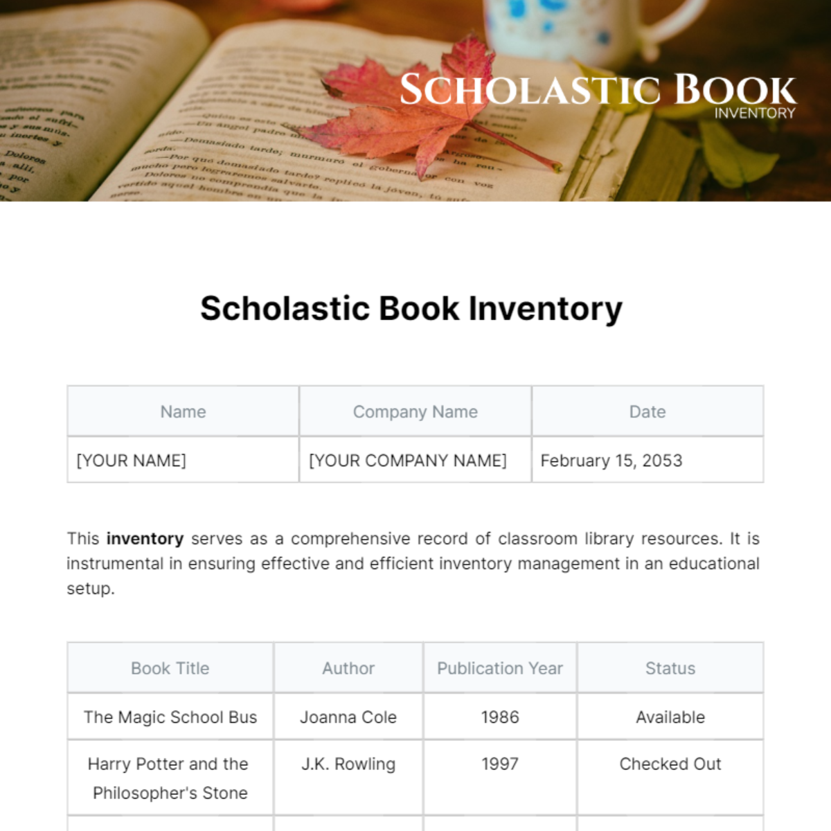 Scholastic Book Inventory Template