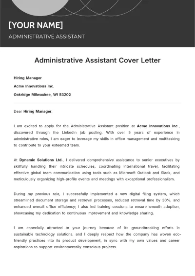 Free Administrative Assistant Cover Letter to Edit Online