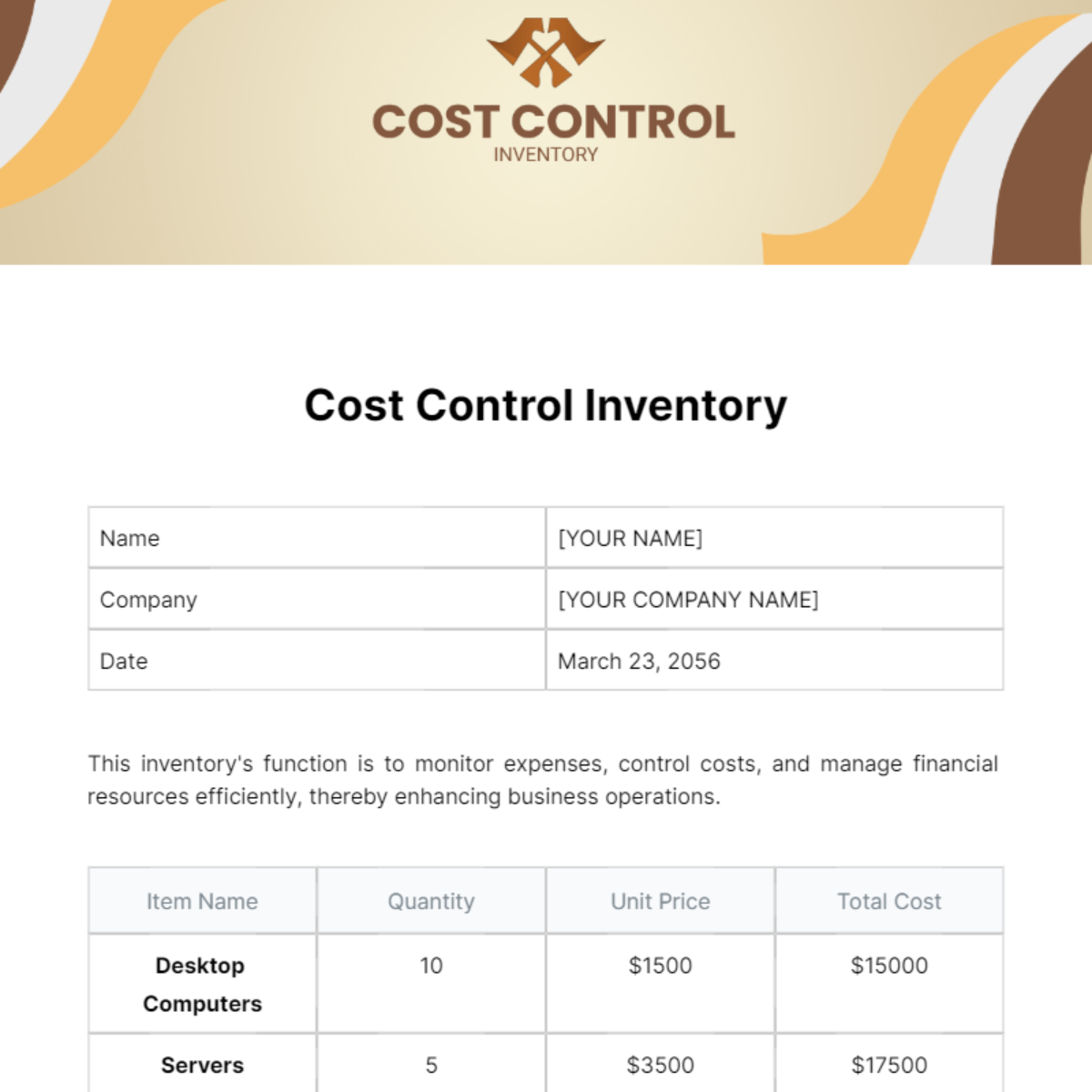 Free Cost Control Inventory Template