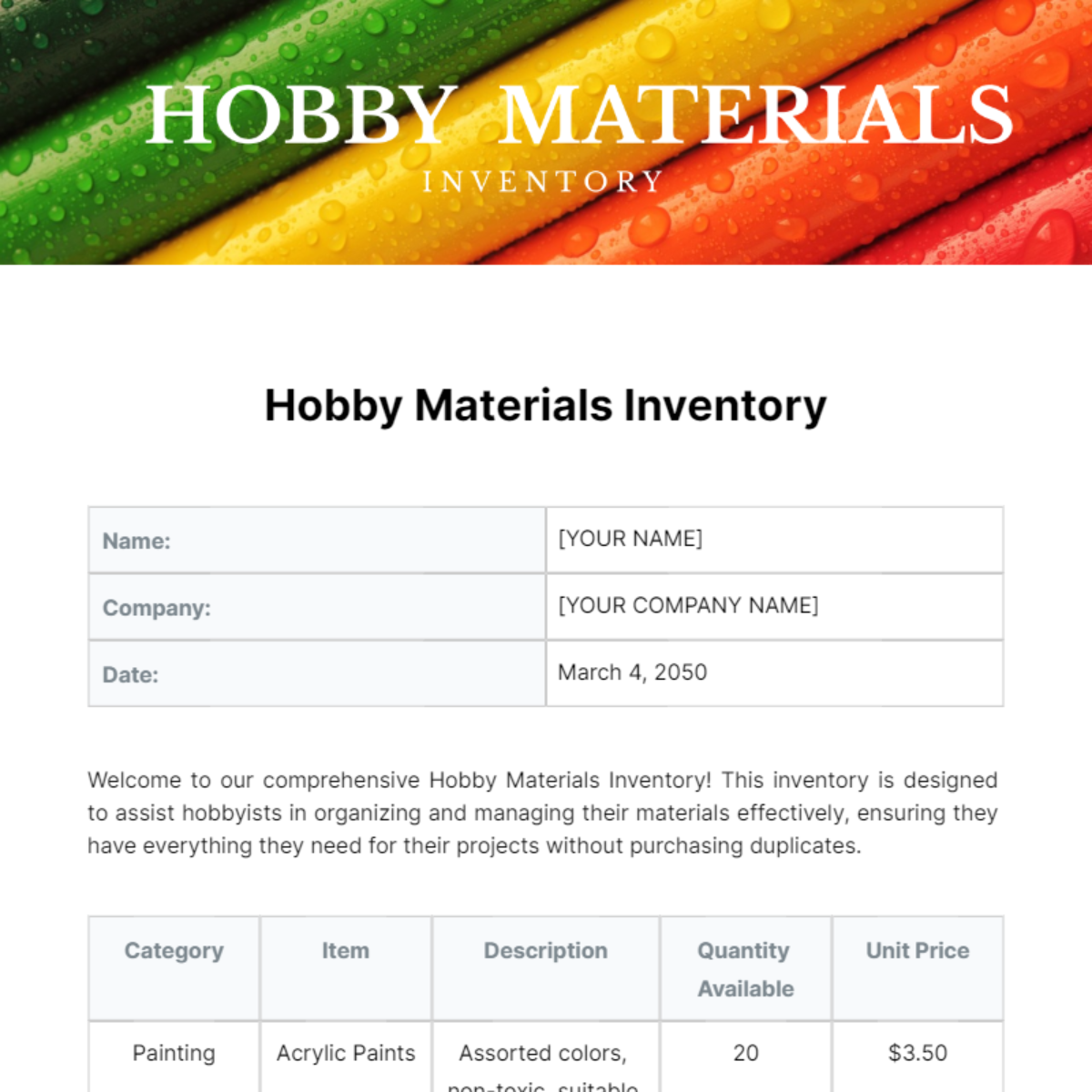 Free Hobby Materials Inventory Template