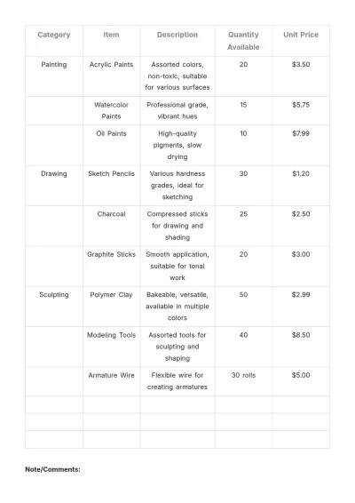 Free Hobby Materials Inventory Template to Edit Online