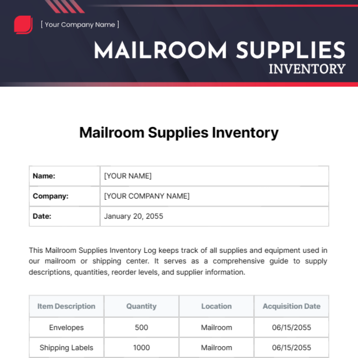 Mailroom Supplies Inventory Template