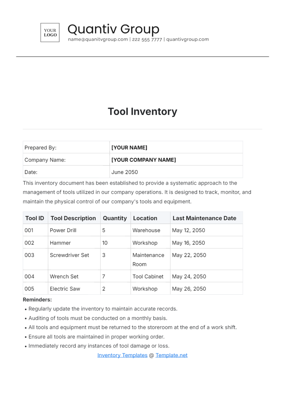 Tool Inventory Template