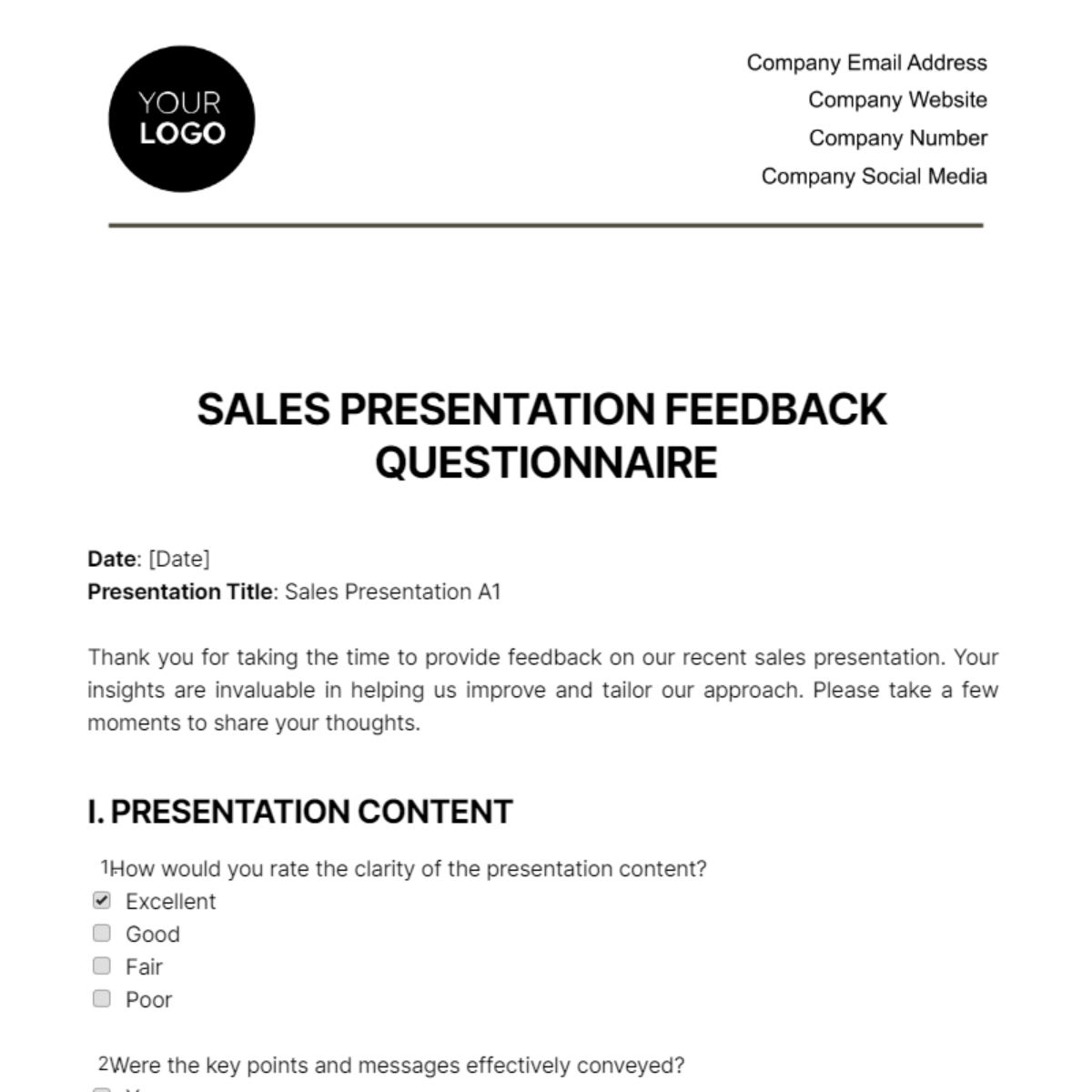 Sales Presentation Feedback Questionnaire Template
