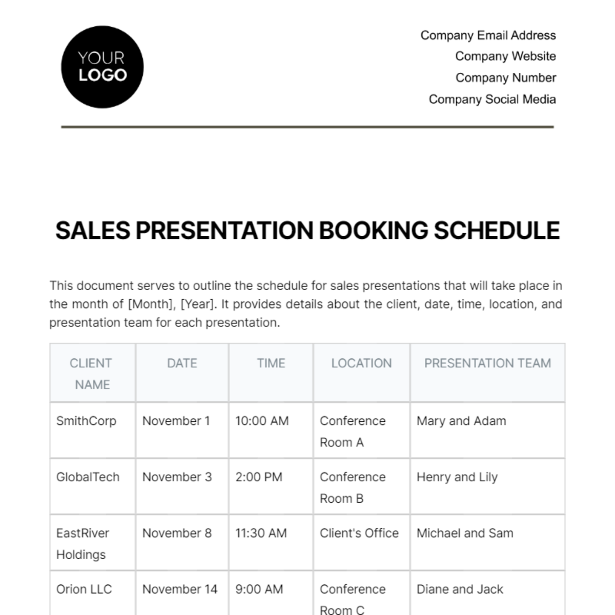 Free Sales Presentation Booking Schedule Template