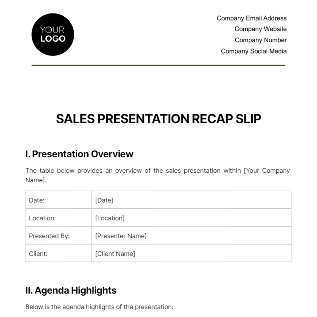 Sales Presentation Recap Slip Template