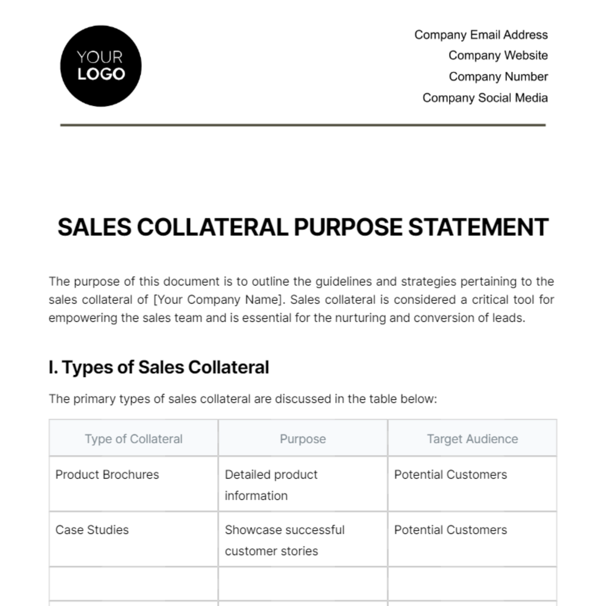 Free Sales Collateral Purpose Statement Template