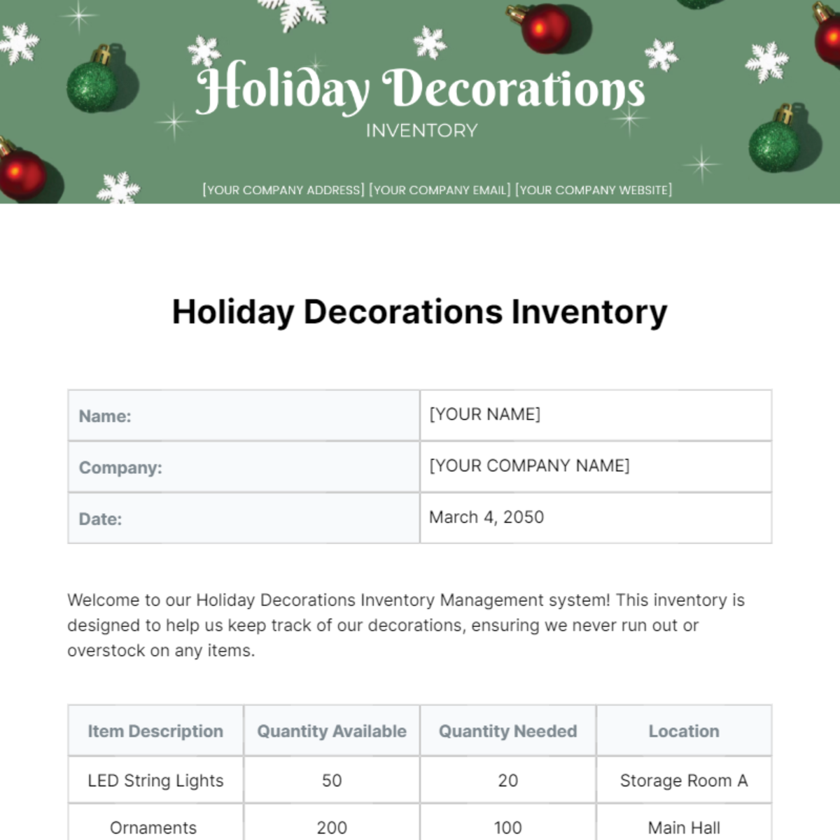 Holiday Decorations Inventory Template