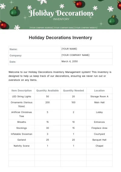 Free Holiday Decorations Inventory Template to Edit Online