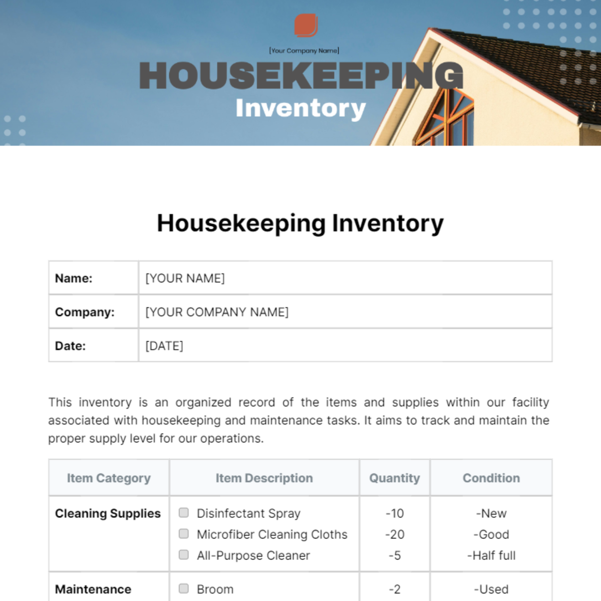 Free Housekeeping Inventory Template