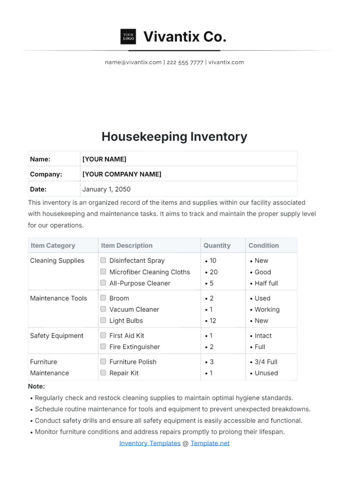 Housekeeping Inventory Template