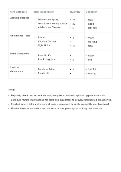 Free Housekeeping Inventory Template to Edit Online