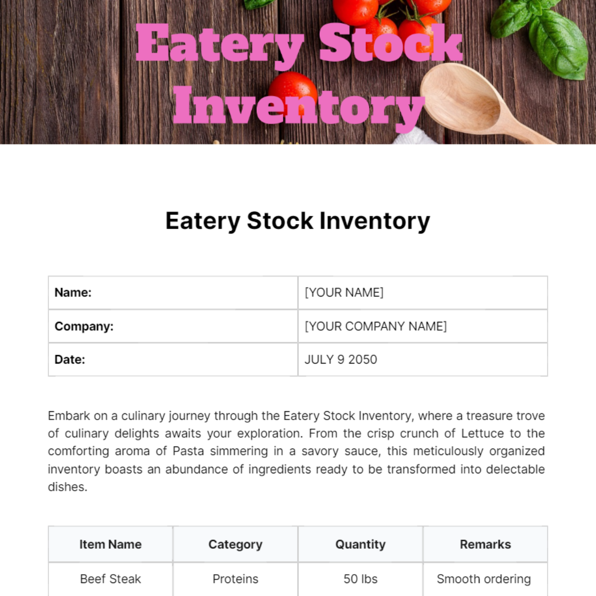 Free Eatery Stock Inventory Template