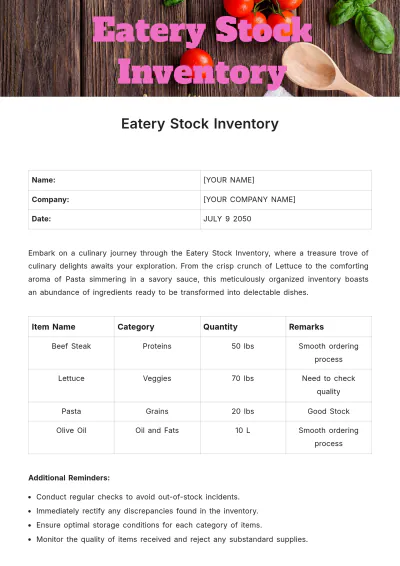 Free Eatery Stock Inventory Template to Edit Online