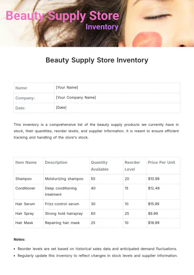 Free Beauty Supply Store Inventory Template to Edit Online