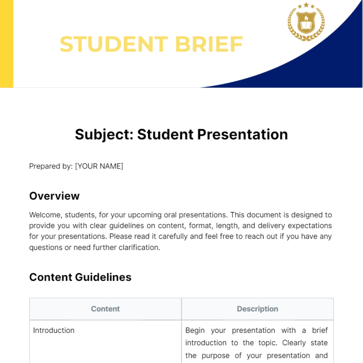 Student Brief Template - Edit Online & Download