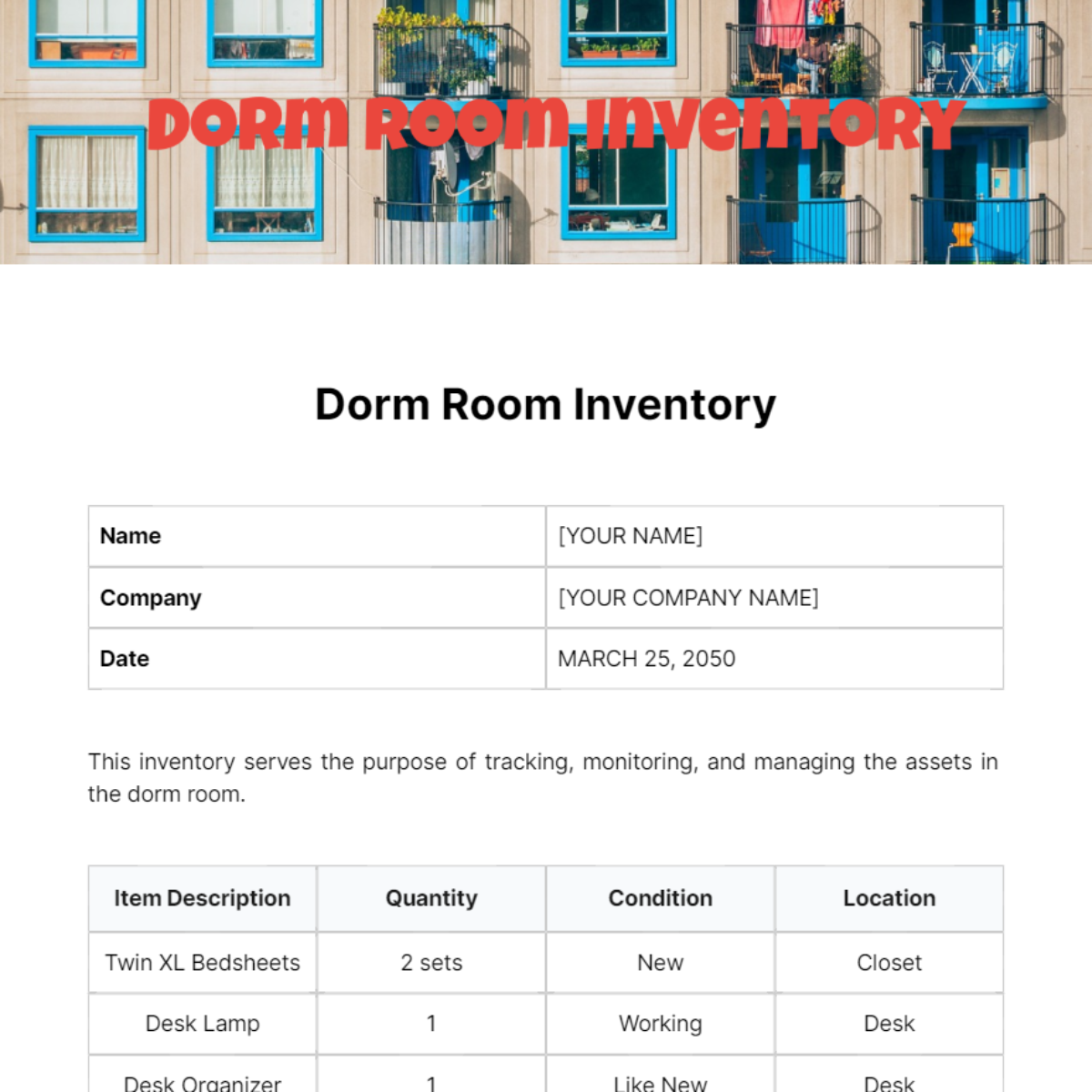 Free Dorm Room Inventory Template
