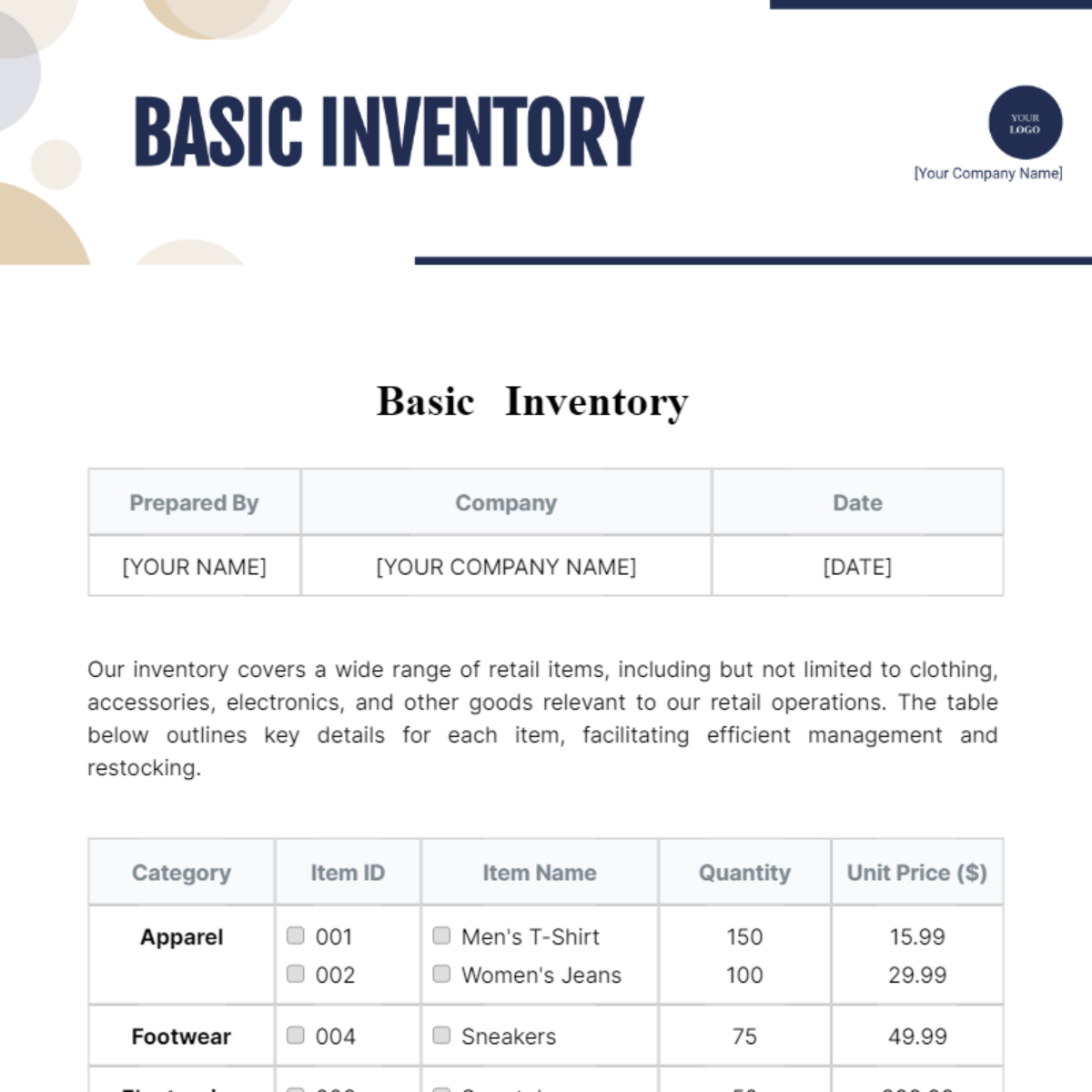 Basic Inventory Template