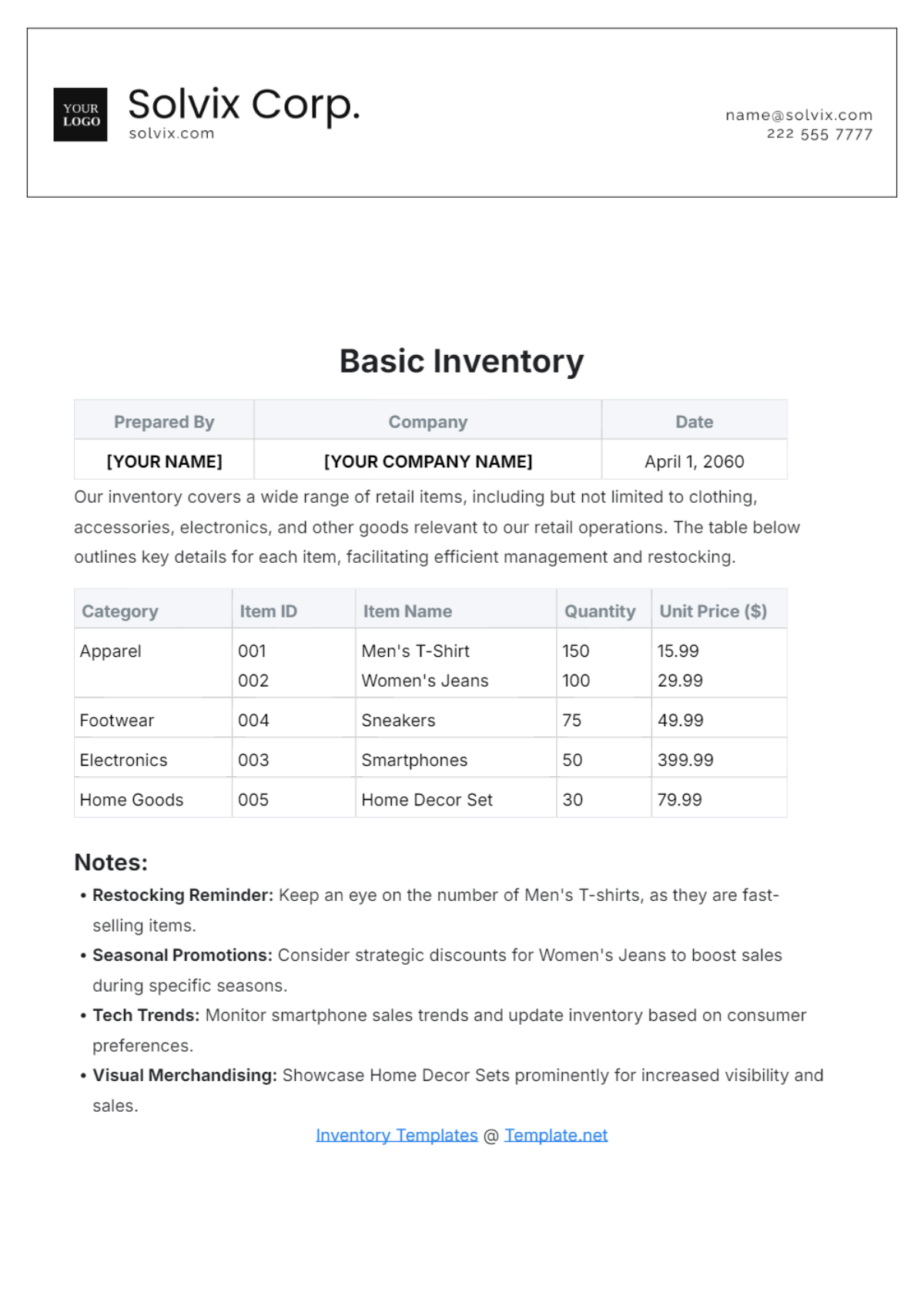 Basic Inventory Template