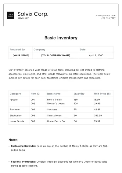 Free Basic Inventory Template to Edit Online