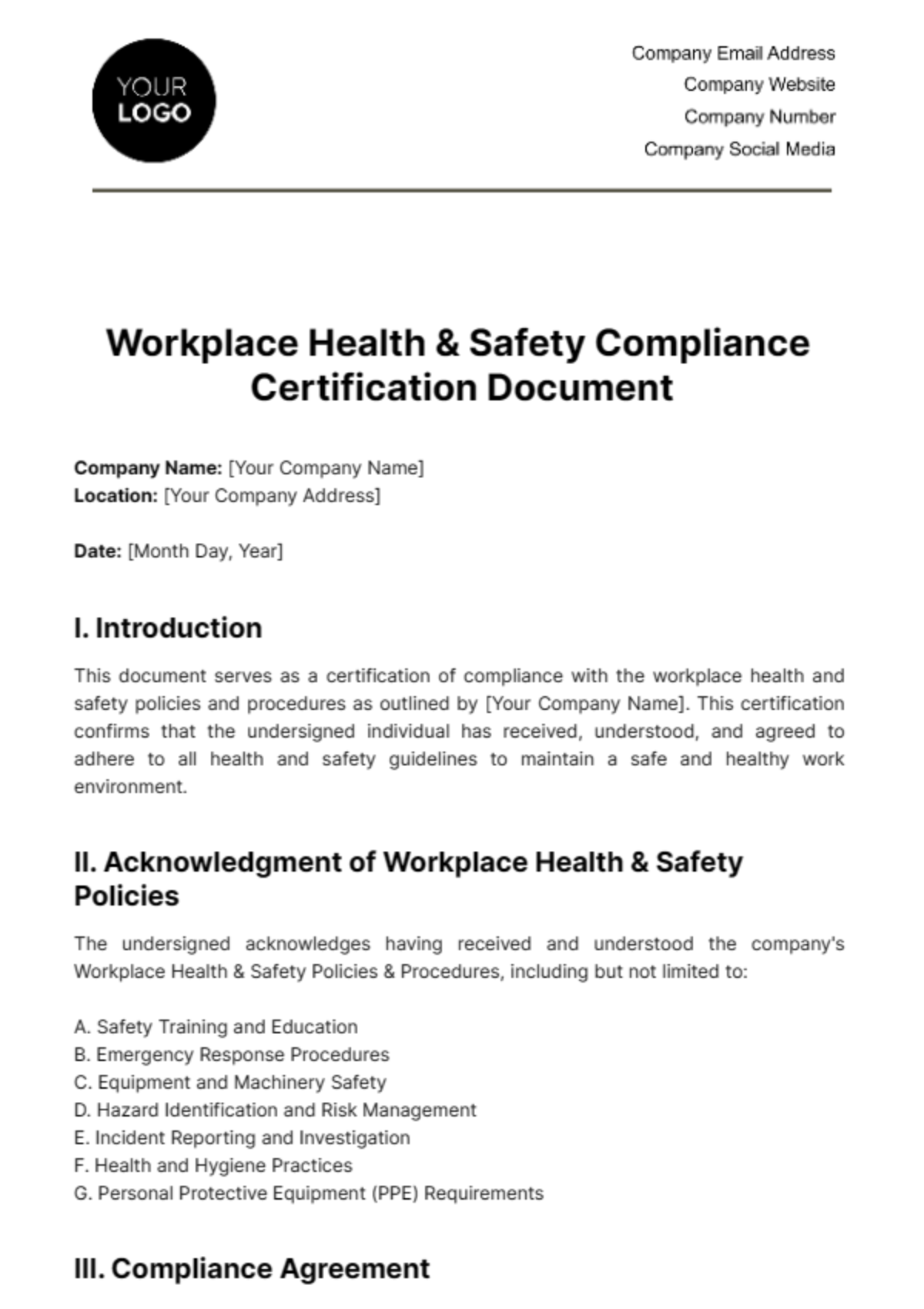 Free Workplace Health & Safety Compliance Certification Document Template