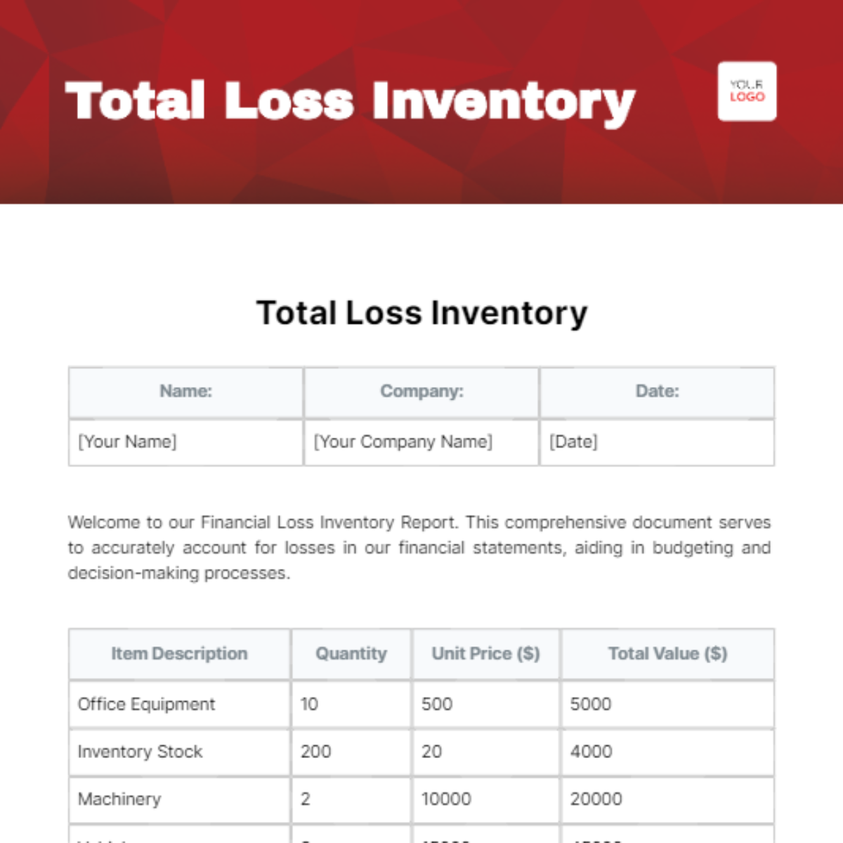 Free Total Loss Inventory Template