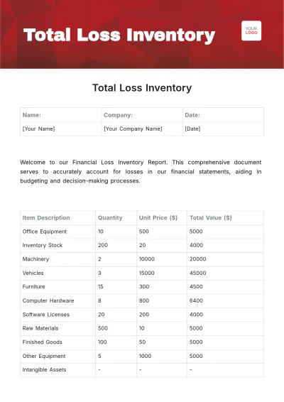Free Total Loss Inventory Template to Edit Online