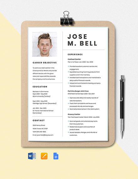 Retail Cashier Resume Template - Google Docs, Word, Apple Pages