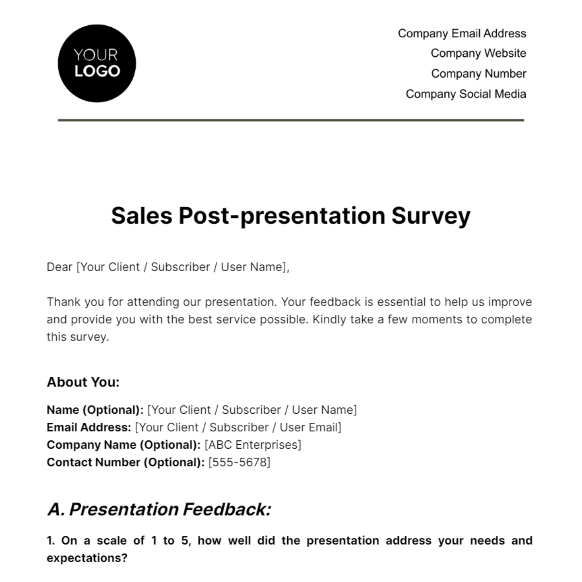Free Sales Post-presentation Survey Template