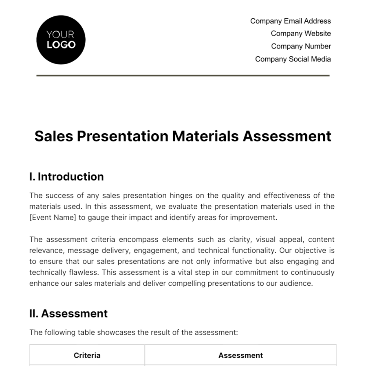 Free Sales Presentation Materials Assessment Template
