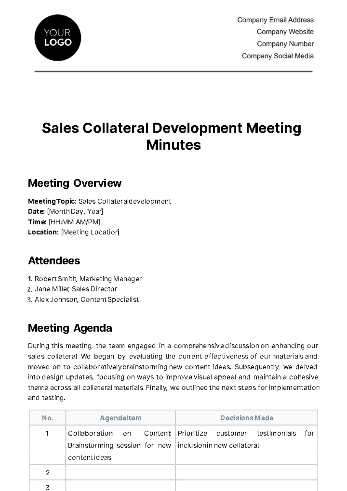Sales Collateral Development Minute Template