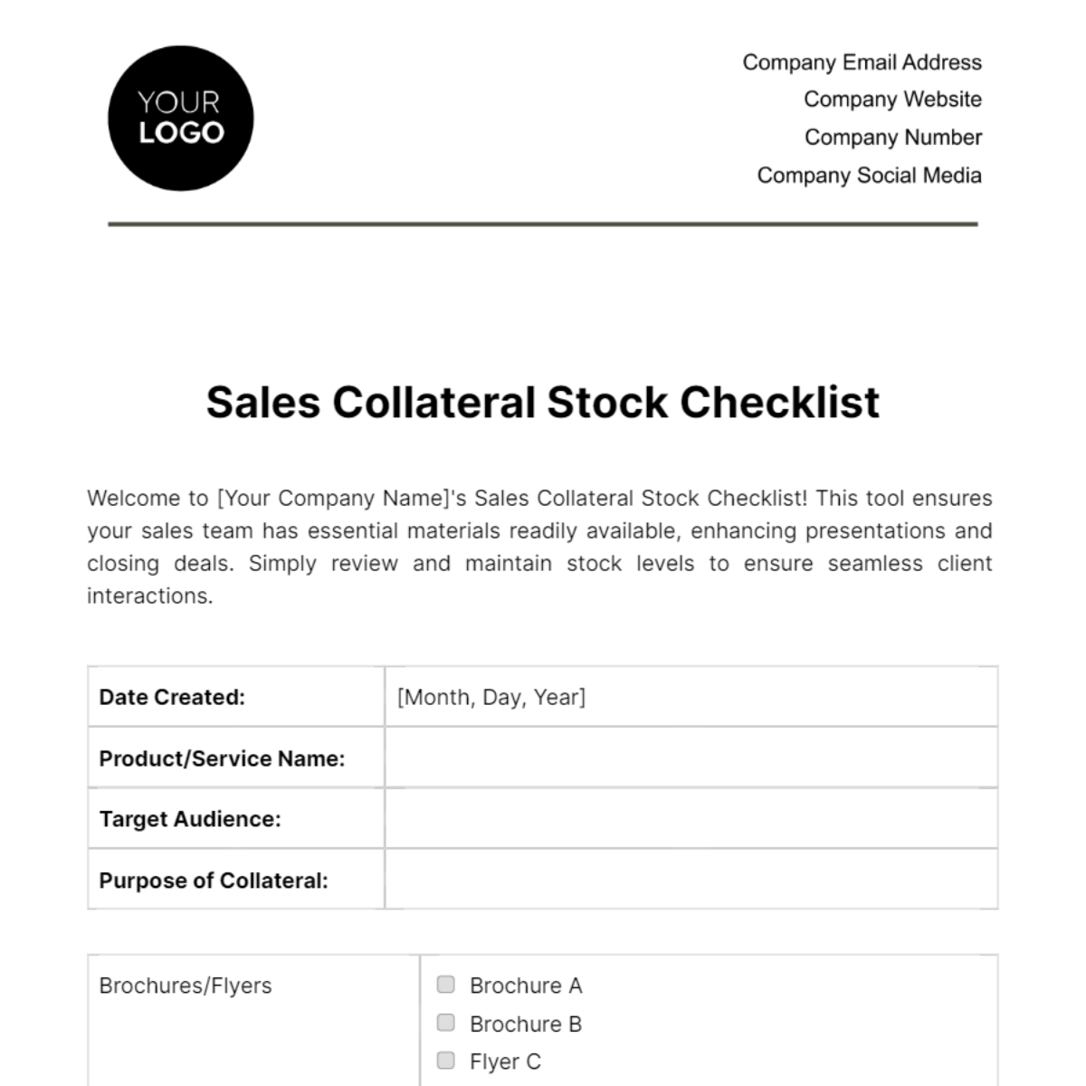 Free Sales Collateral Stock Checklist Template