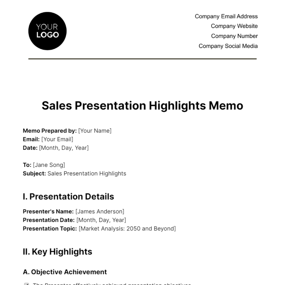 Sales Presentation Highlights Memo Template