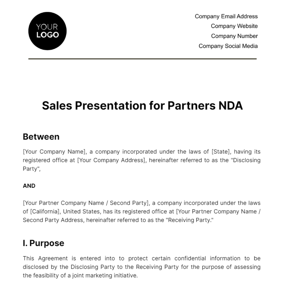 Free Sales Presentation for Partners NDA Template