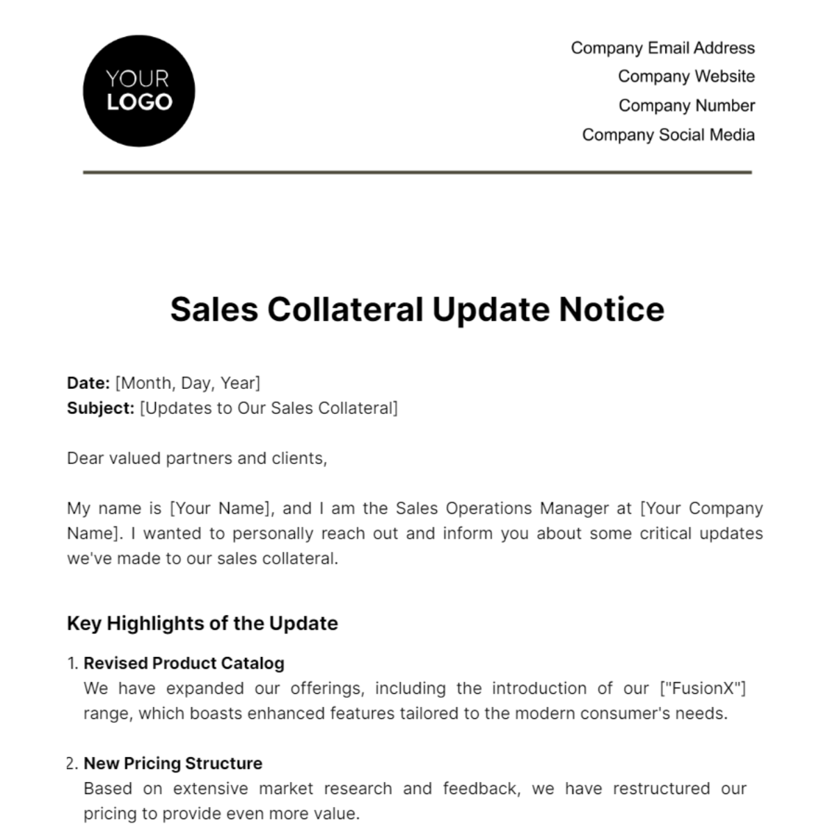 Sales Collateral Update Notice Template